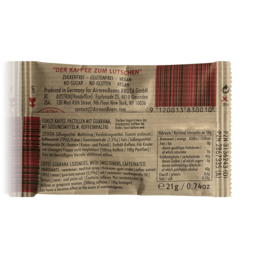AirmenBeans feinste vegane Kaffee-Pastillen mit Guarana - 21 g - Rückseitenansicht mit Barcode