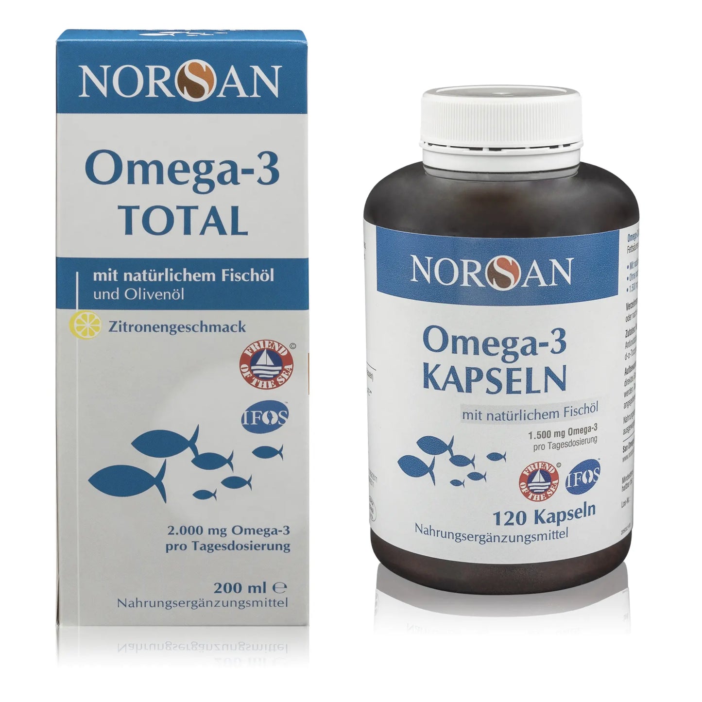 Norsan Omega-3 Total Kombipaket -Vorderansicht des Bundle Omega-3 Total mit Zitronengeschmack 200 ml und Omega-3 Kapseln 120 Stück