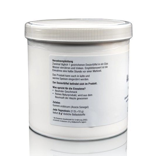 ROTE PLACE Akazienfasern Pulver 300 g - Seitenansicht mit Verzehrempfehlung