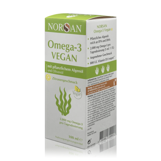 Norsan Omega-3 Algenöl Vegan - 100 ml - Vorderansicht schräg