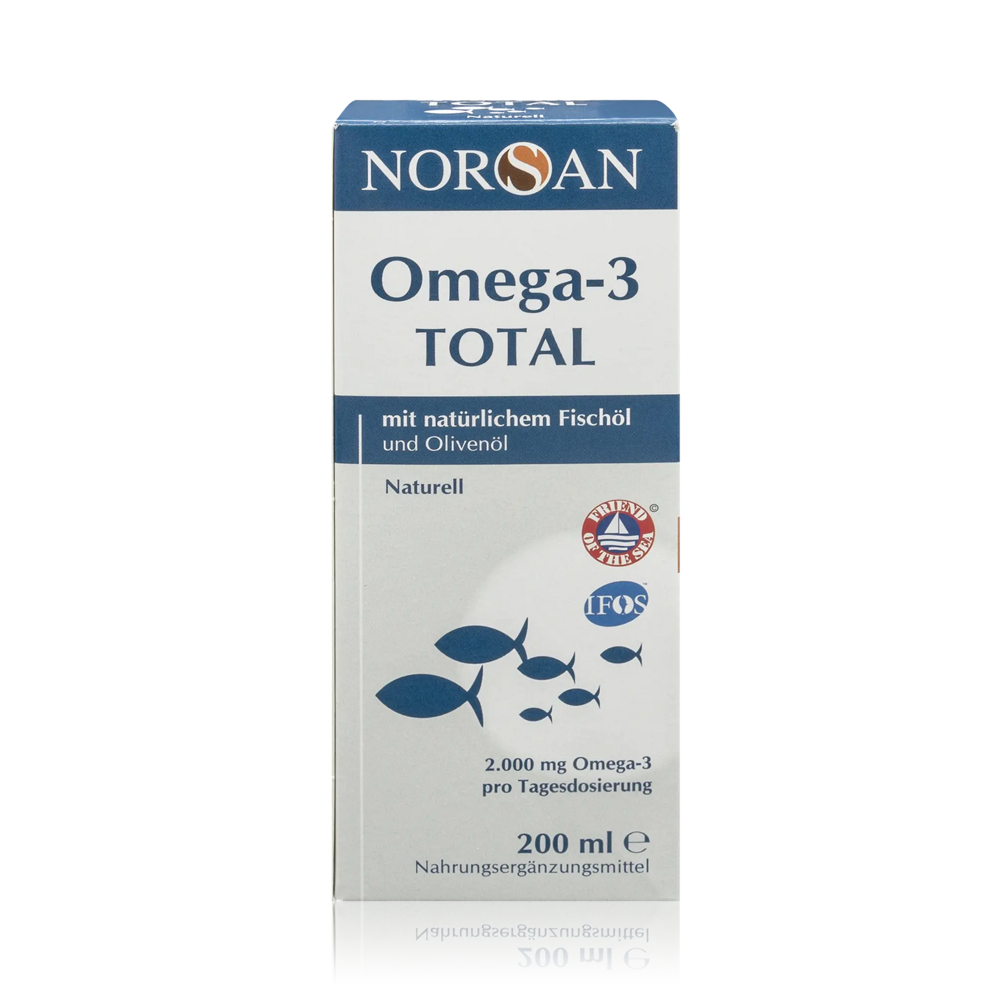 Norsan Omega 3 Total mit natürlichem Fischöl und Olivenöl - Natürlicher Geschmack - 200 ml - Vorderansicht