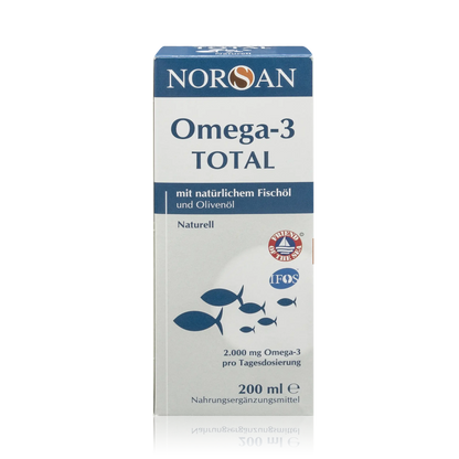 Norsan Omega 3 Total mit natürlichem Fischöl und Olivenöl - Natürlicher Geschmack - 200 ml - Vorderansicht