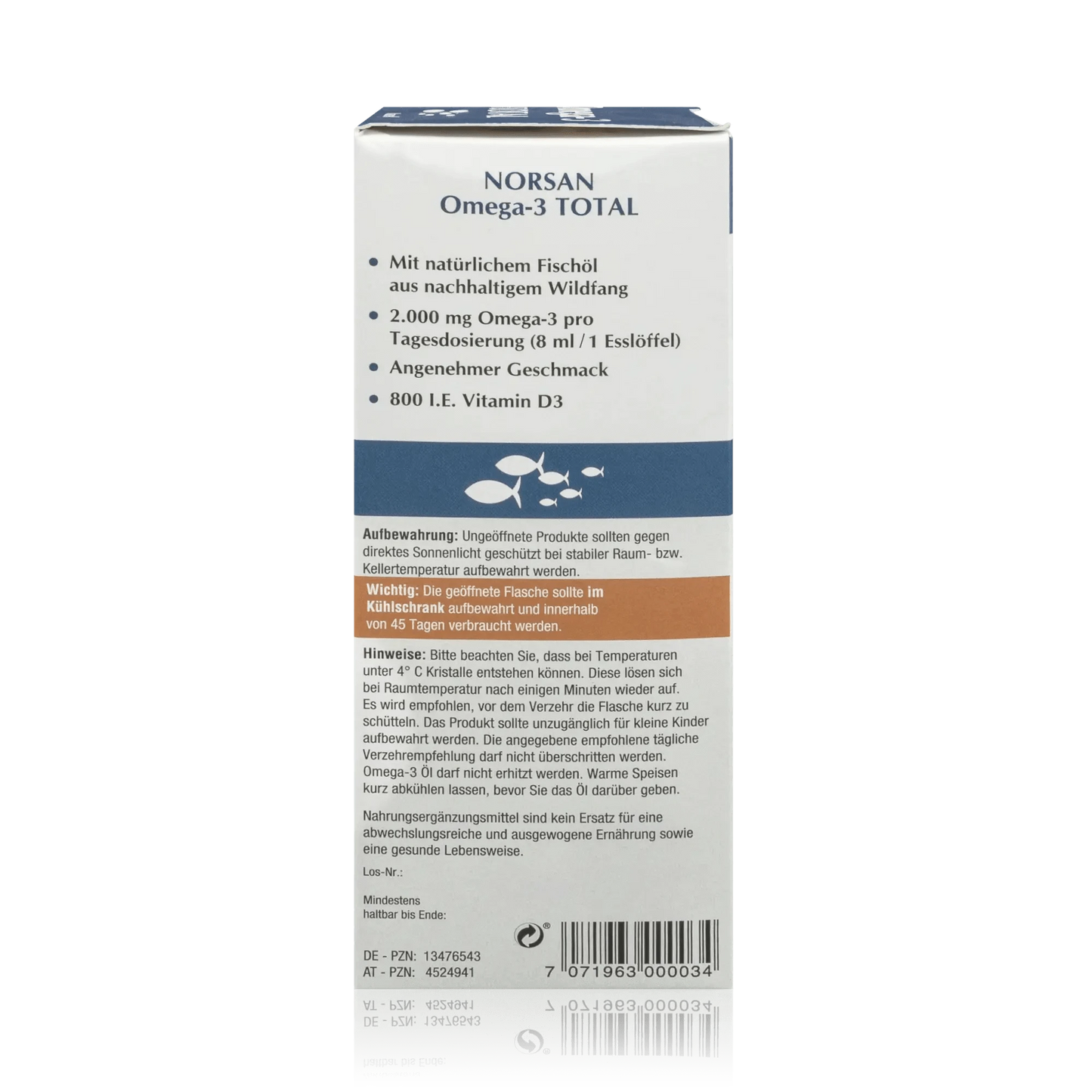 Norsan Omega 3 Total mit natürlichem Fischöl und Olivenöl - Natürlicher Geschmack - 200 ml - Seitenansicht mit Hinweisen