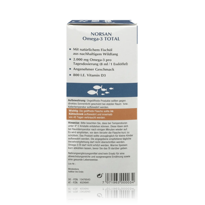 Norsan Omega 3 Total mit natürlichem Fischöl und Olivenöl - Natürlicher Geschmack - 200 ml - Seitenansicht mit Hinweisen