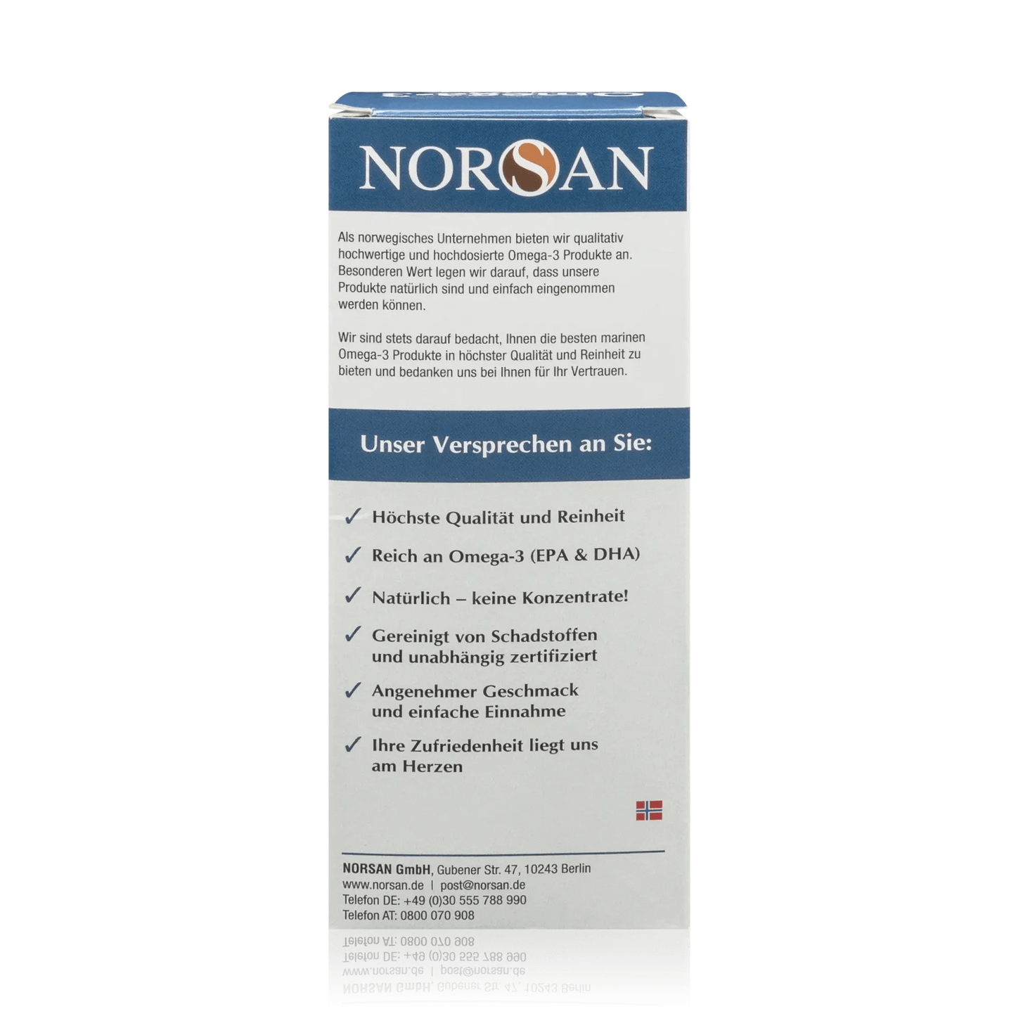 Norsan Omega 3 Total mit natürlichem Fischöl und Olivenöl - Natürlicher Geschmack - 200 ml - Seitenansicht mit Versprechen
