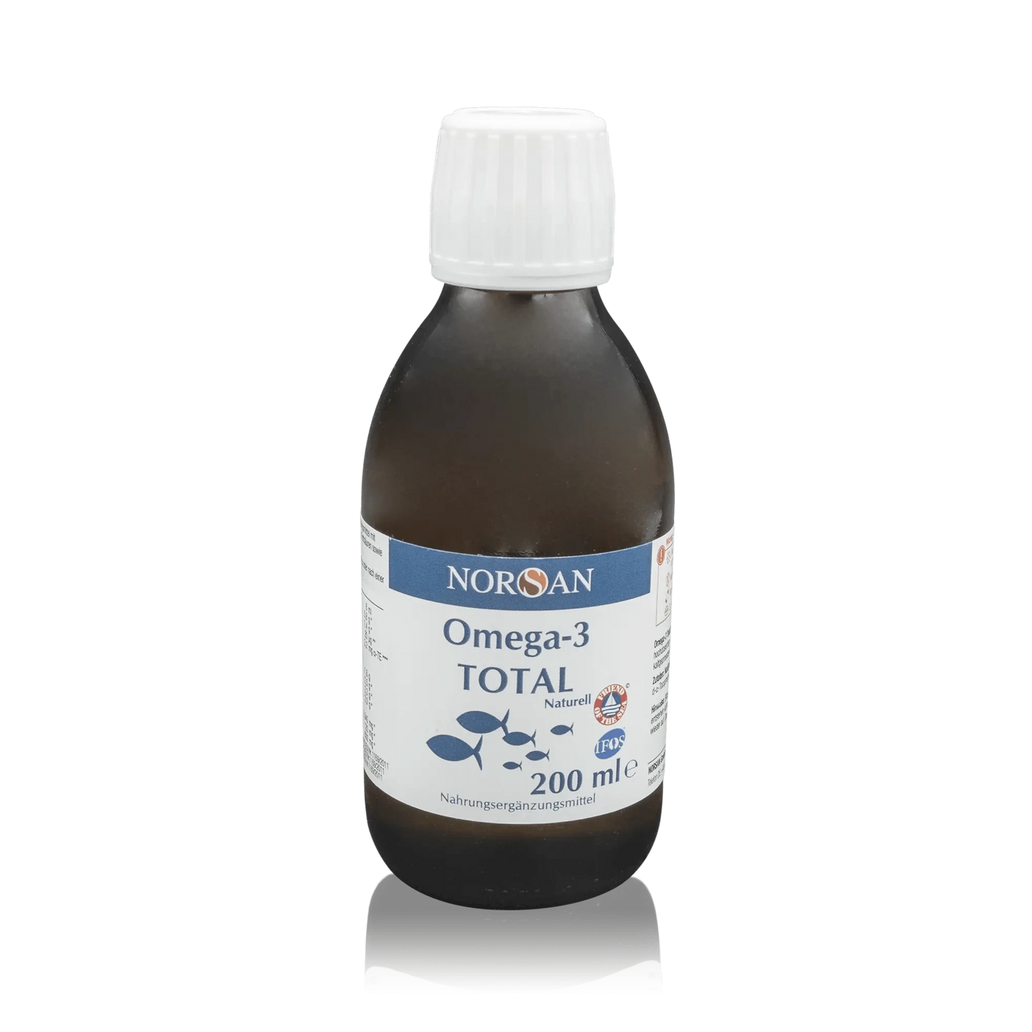 Norsan Omega 3 Total mit natürlichem Fischöl und Olivenöl - Natürlicher Geschmack - 200 ml - Vorderansicht Flasche