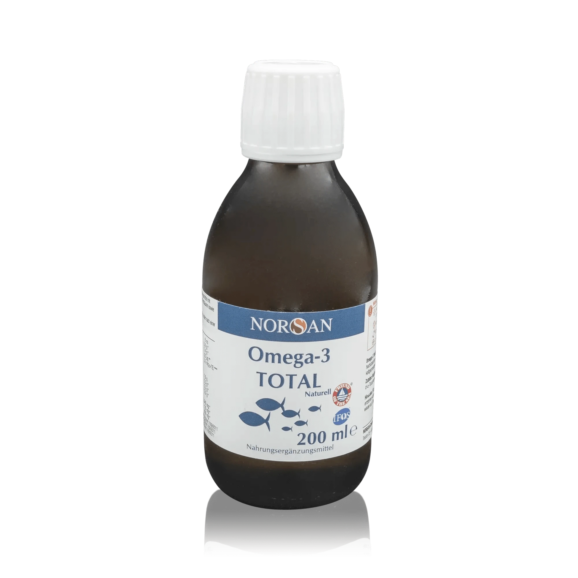 Norsan Omega 3 Total mit natürlichem Fischöl und Olivenöl - Natürlicher Geschmack - 200 ml - Vorderansicht Flasche