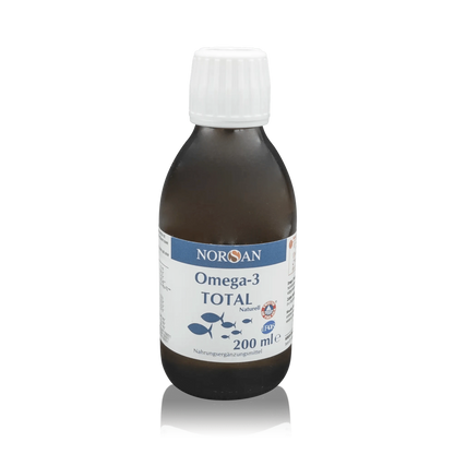 Norsan Omega 3 Total mit natürlichem Fischöl und Olivenöl - Natürlicher Geschmack - 200 ml - Vorderansicht Flasche