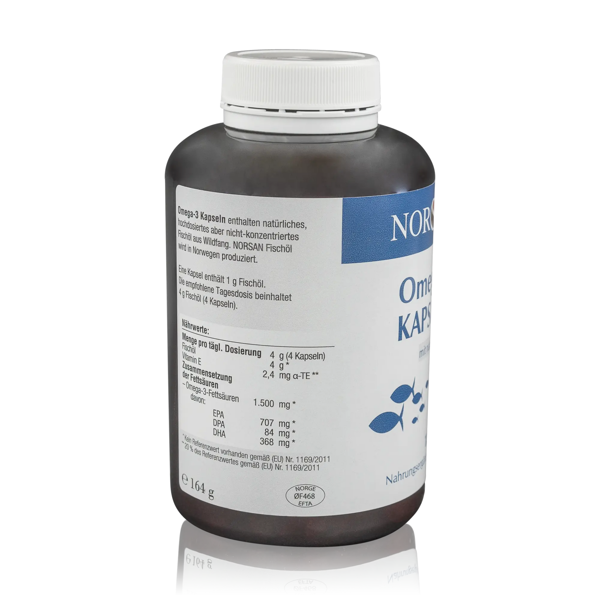 Norsan Fischöl Omega 3 Kapseln - 120 Stück - Seitenansicht mit Nährwertangaben