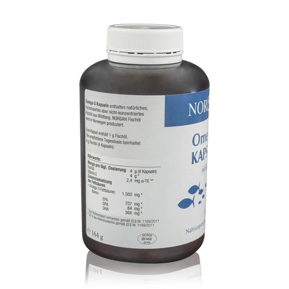 Norsan Fischöl Omega 3 Kapseln - 120 Stück - Seitenansicht mit Nährwertangaben