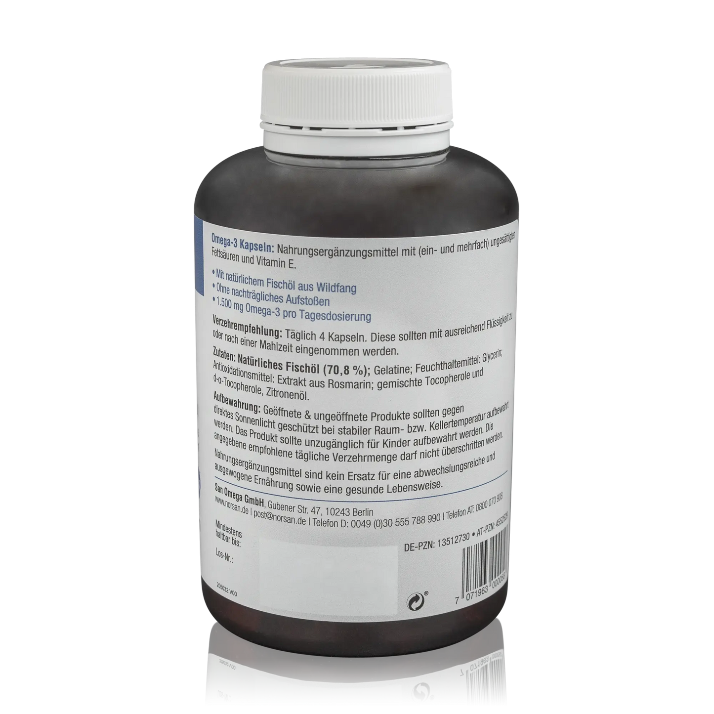 Norsan Fischöl Omega 3 Kapseln - 120 Stück - Seitenansicht mit Verzehrempfehlung und Barcode