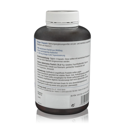 Norsan Fischöl Omega 3 Kapseln - 120 Stück - Seitenansicht mit Verzehrempfehlung und Barcode