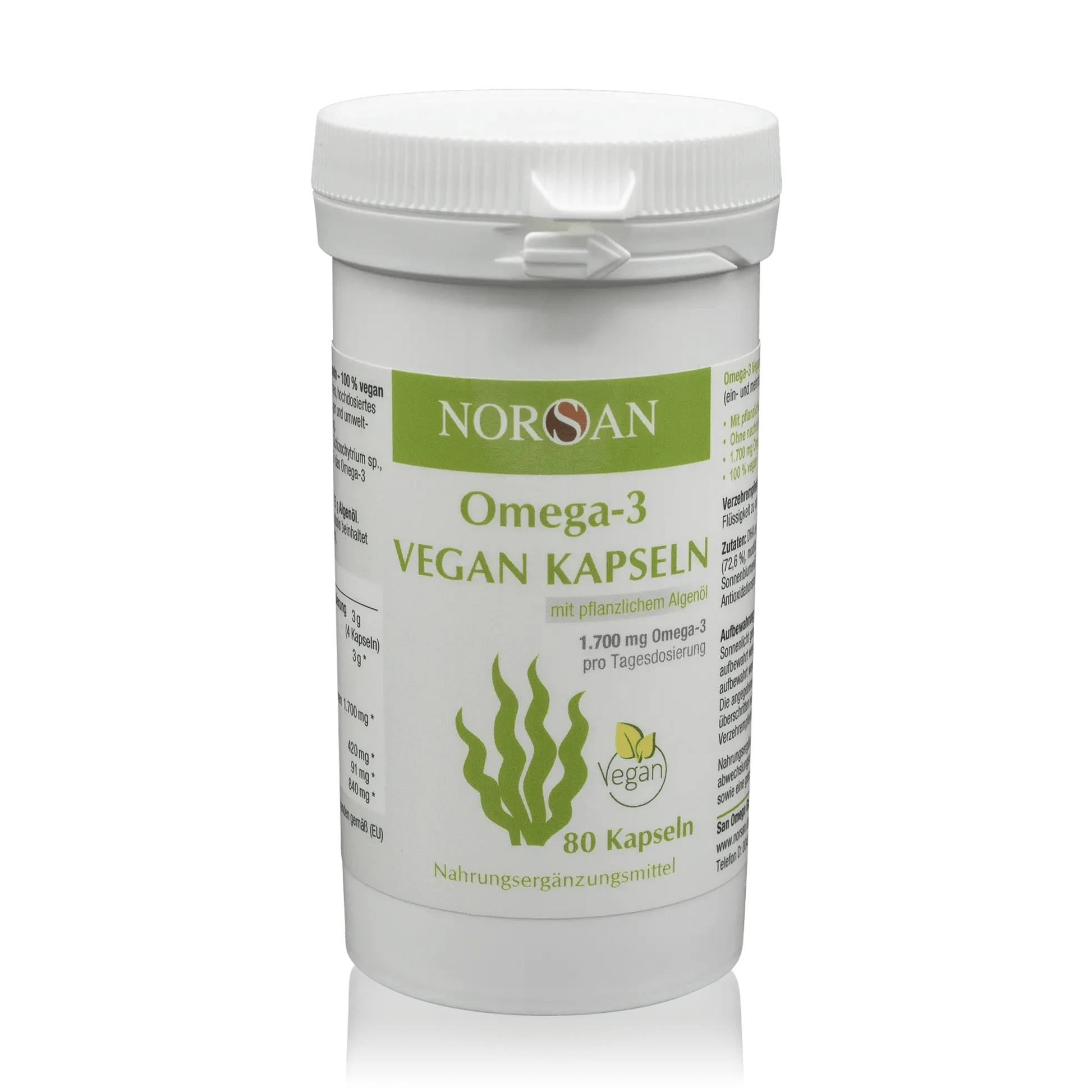 Norsan Algenöl Omega 3 - Vegane Kapseln ohne Fischöl - 80 Stück - Vorderansicht