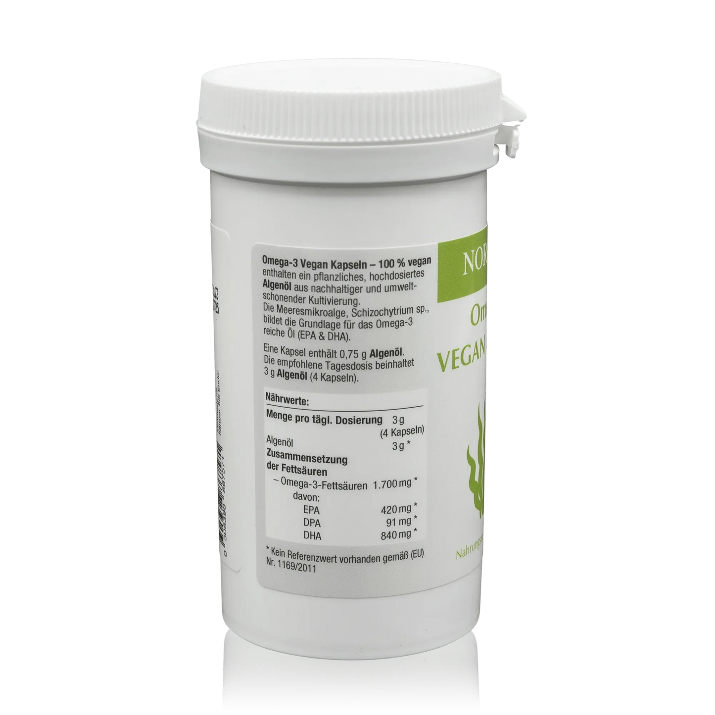Norsan Algenöl Omega 3 - Vegane Kapseln ohne Fischöl - 80 Stück - Seitenansicht mit Nährwertangaben
