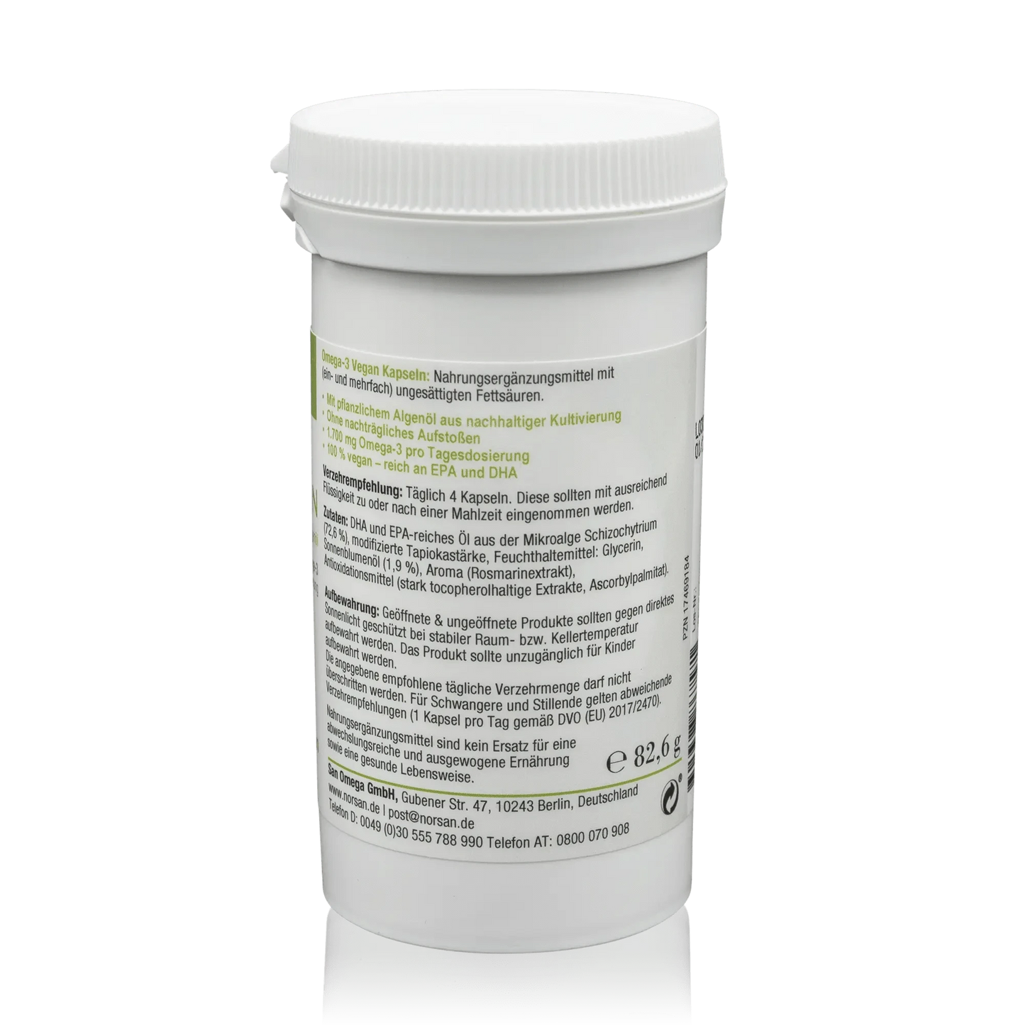 Norsan Algenöl Omega 3 - Vegane Kapseln ohne Fischöl - 80 Stück - Seitenansicht mit Verzehrempfehlung