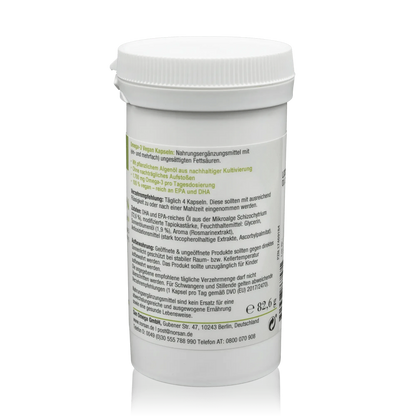 Norsan Algenöl Omega 3 - Vegane Kapseln ohne Fischöl - 80 Stück - Seitenansicht mit Verzehrempfehlung