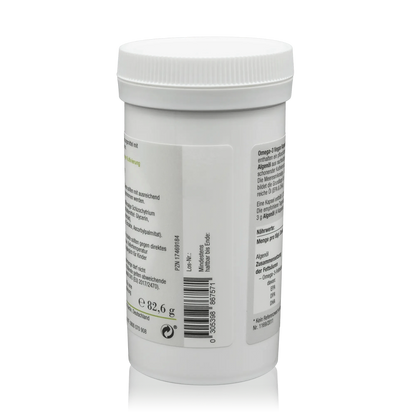 Norsan Algenöl Omega 3 - Vegane Kapseln ohne Fischöl - 80 Stück - Seitenansicht mit Barcode