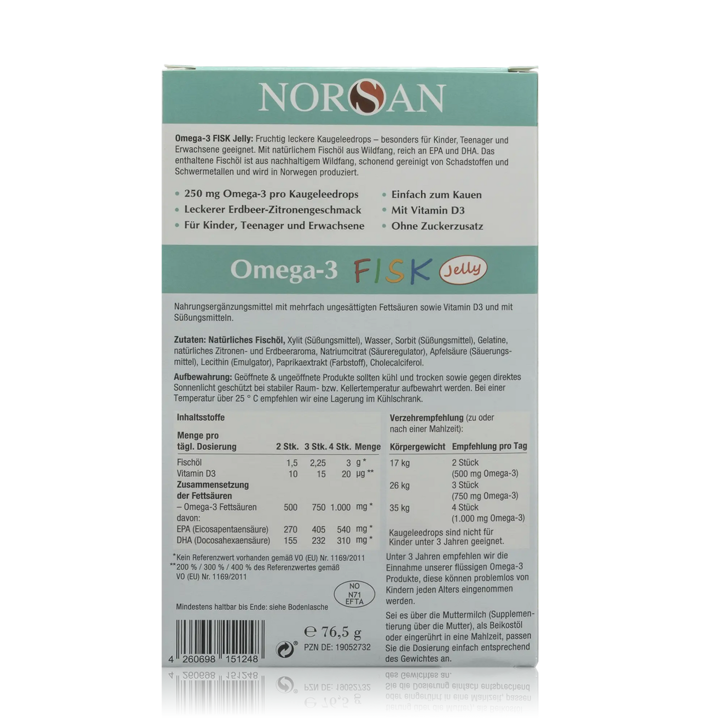 Norsan Fischöl Omega 3 Fisk Jelly - 45 Stück - Rückseitenansicht mit Barcode