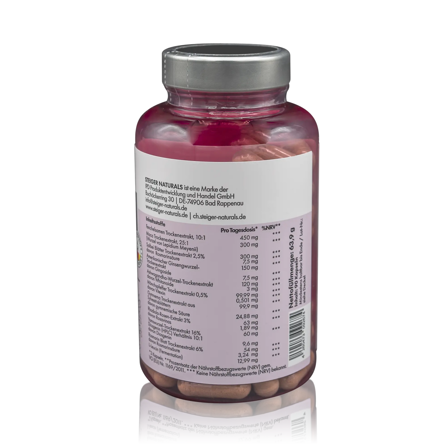 Steiger Naturals Hormon Balance 90 Kapseln - Rückseitenansicht mit Inhaltsstoffen