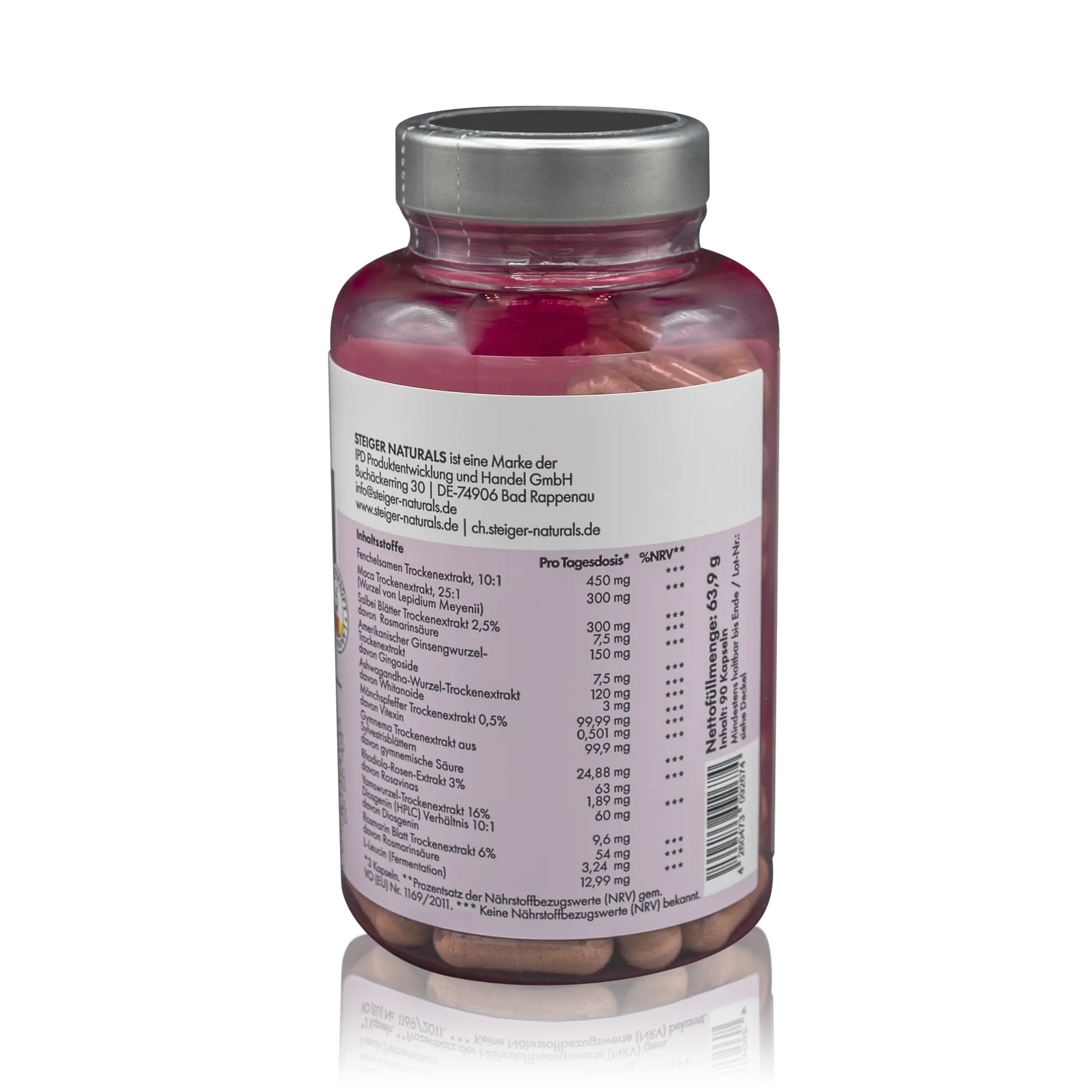 Steiger Naturals Hormon Balance 90 Kapseln - Rückseitenansicht mit Inhaltsstoffen