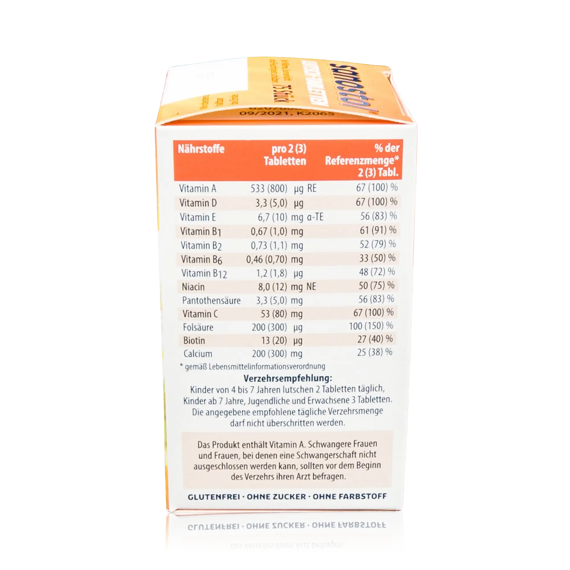 Sanostol Lutschtabletten mit Multi-Vitaminen und Calcium (90g) - Seitenansicht Nährstoffe