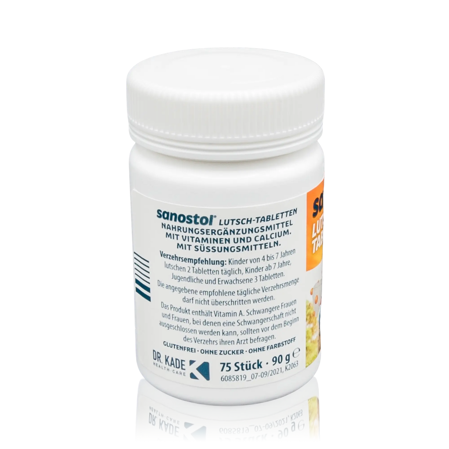 Sanostol Lutschtabletten mit Multi-Vitaminen und Calcium (90g) - Seitenansicht Dose Verzehrsempfehlung