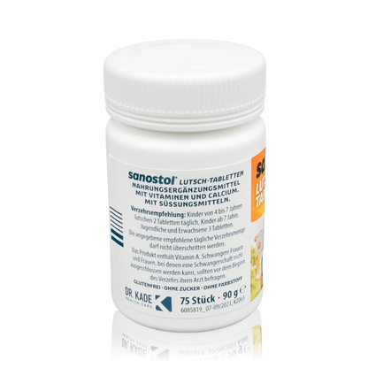 Sanostol Lutschtabletten mit Multi-Vitaminen und Calcium (90g) - Seitenansicht Dose Verzehrsempfehlung