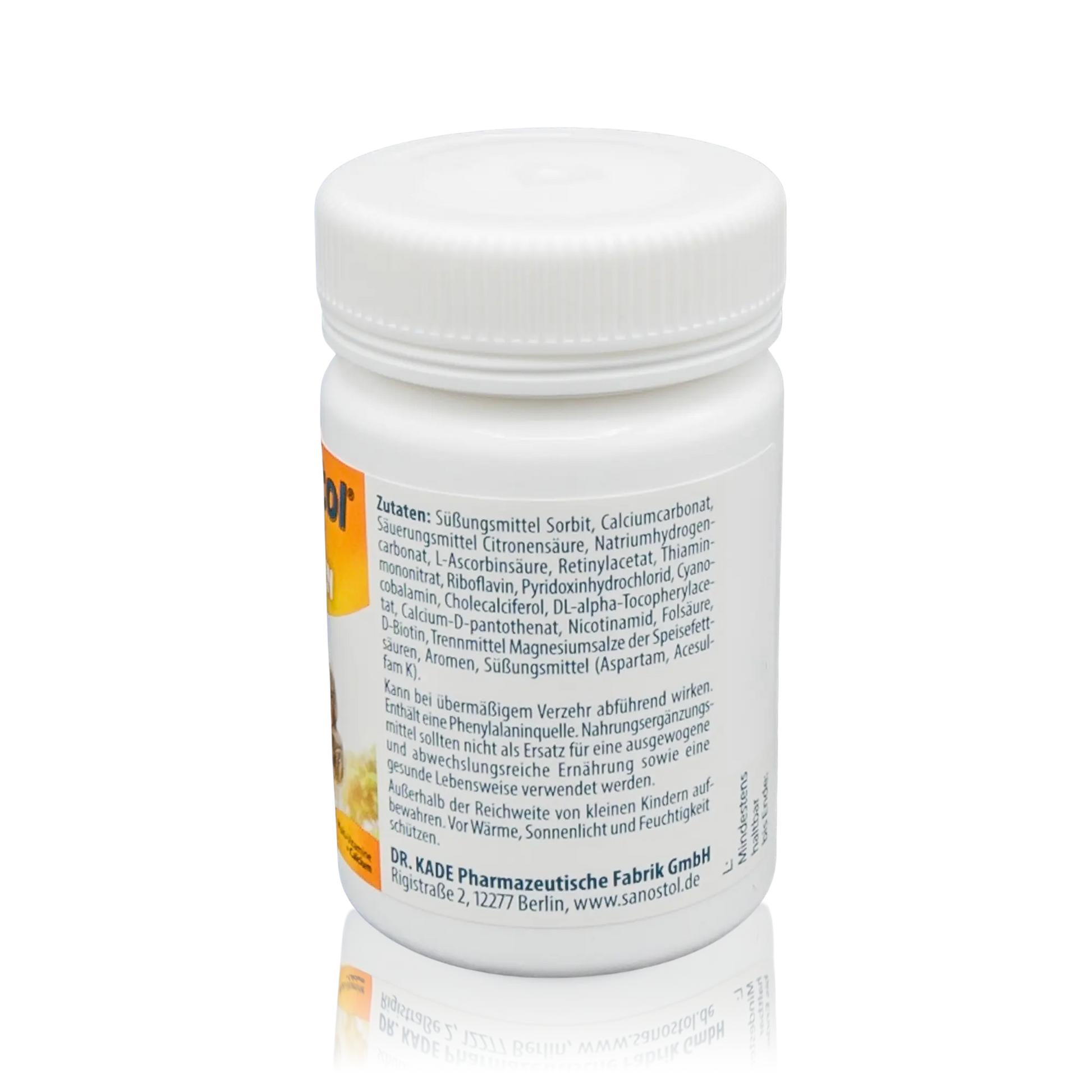 Sanostol Lutschtabletten mit Multi-Vitaminen und Calcium (90g) - Seitenansicht Dose Zutaten