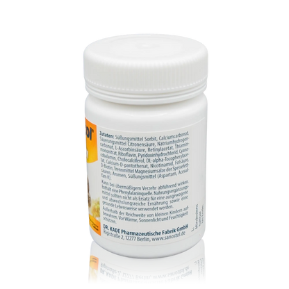 Sanostol Lutschtabletten mit Multi-Vitaminen und Calcium (90g) - Seitenansicht Dose Zutaten