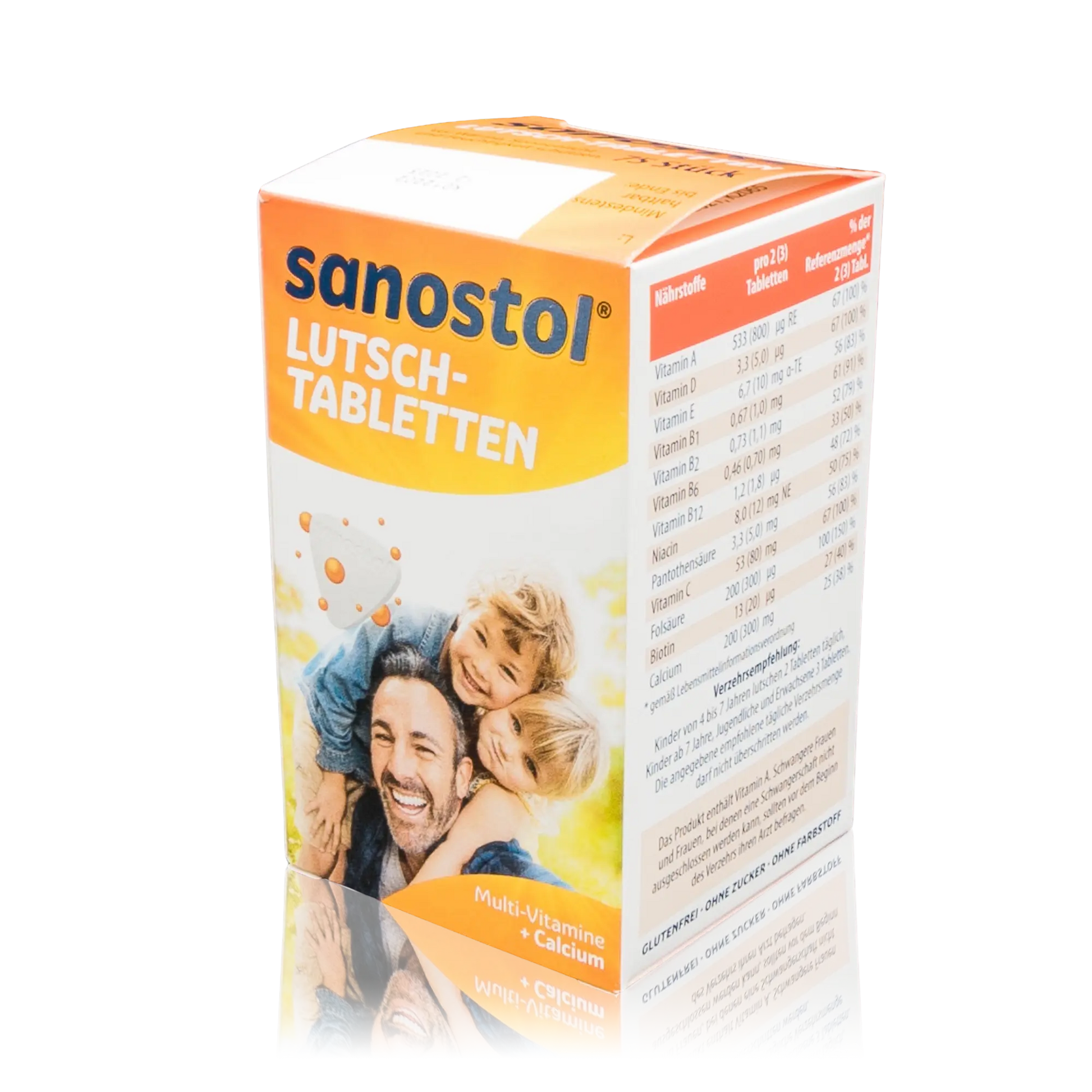 Sanostol Lutschtabletten mit Multi-Vitaminen und Calcium (90g) - Vorderansicht schräg