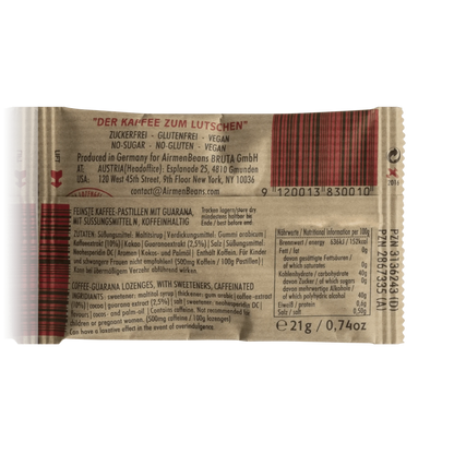 AirmenBeans feinste vegane Kaffee-Pastillen mit Guarana - 21 g - Rückseitenansicht mit Barcode