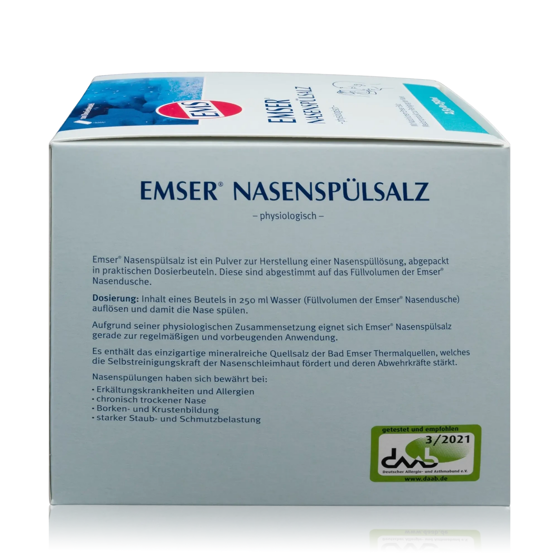 Emser Nasenspülsalz mit natürlichem Emser Salz - 100 Stück - Seitenansicht mit Dosierung