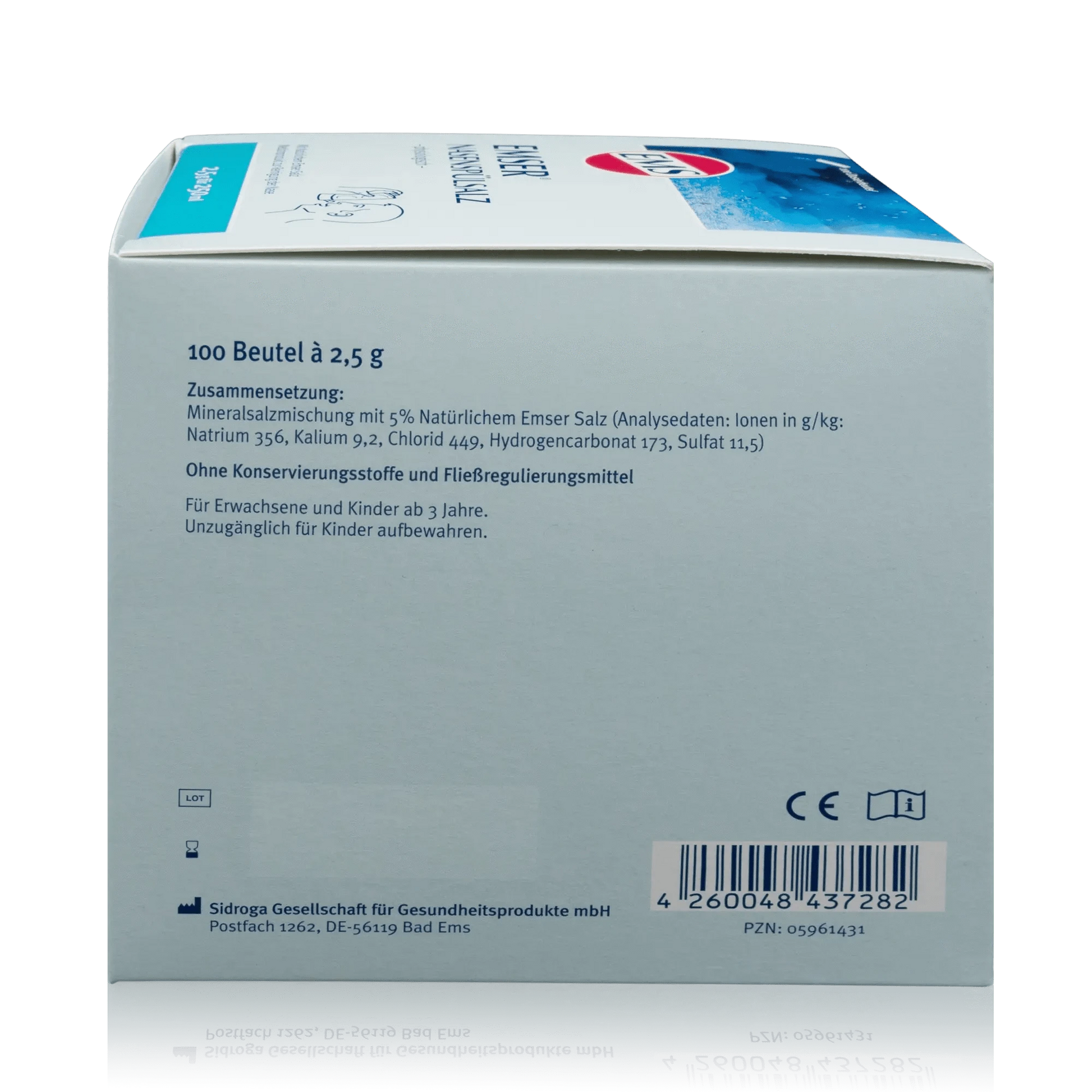 Emser Nasenspülsalz mit natürlichem Emser Salz - 100 Stück - Seitenansicht mit Zusammensetzung und Barcode