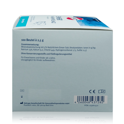 Emser Nasenspülsalz mit natürlichem Emser Salz - 100 Stück - Seitenansicht mit Zusammensetzung und Barcode