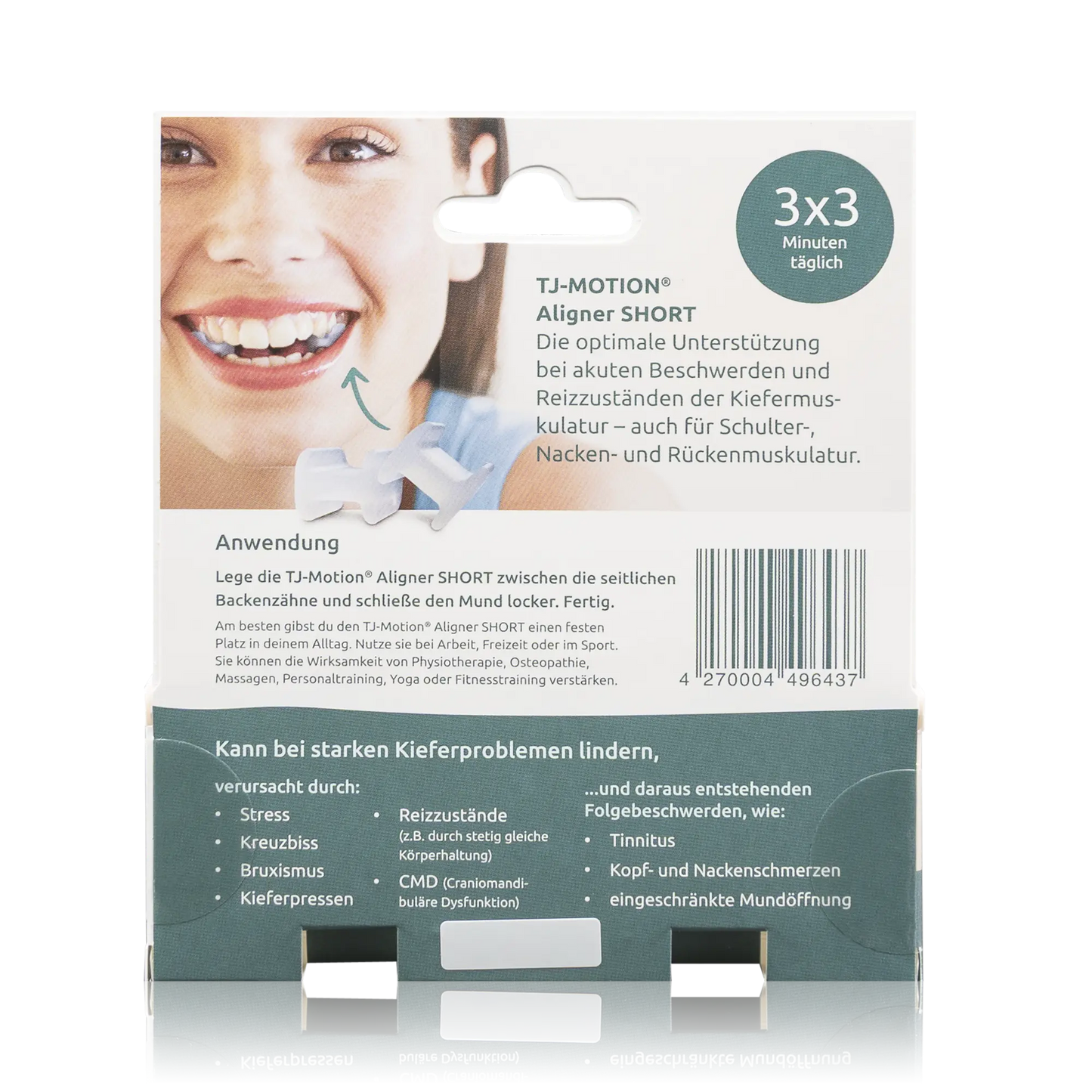 TJ-Motion be in balance Aligner SHORT - bis 1,69m Körpergröße - 1 Stück - Rückseitenansicht mit Barcode