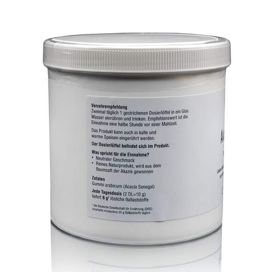 ROTE PLACE Akazienfasern - 300 g - Seitenansicht mit Verzehrempfehlung