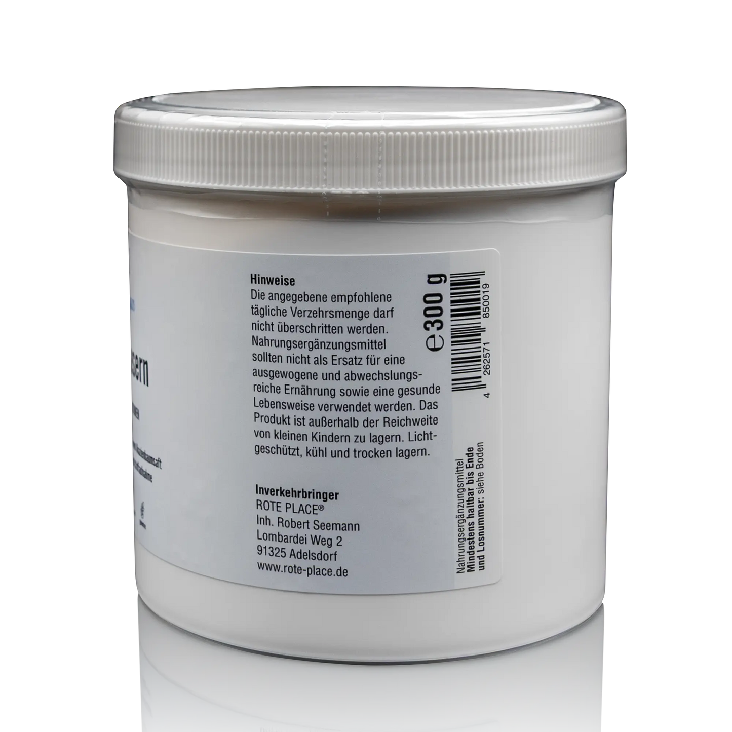 ROTE PLACE Akazienfasern - 300 g - Seitenansicht mit Hinweisen und Barcode