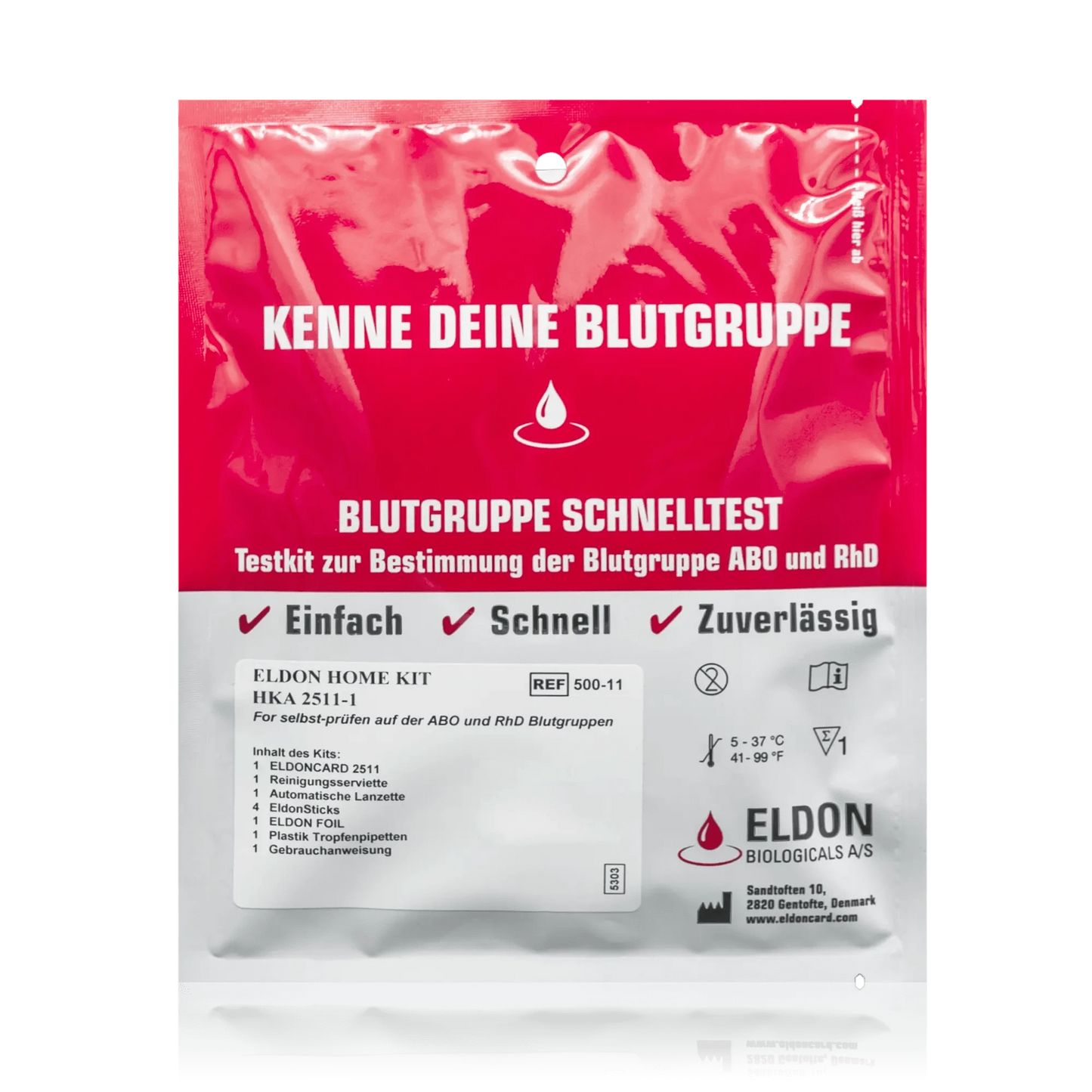 Blutgruppe Schnell­test Eldon HOME KIT HKA 2511 - Testkit zur Bestimmung der Blutgruppe AB0 und RhD (1 Kit) - ROTE.PLACE