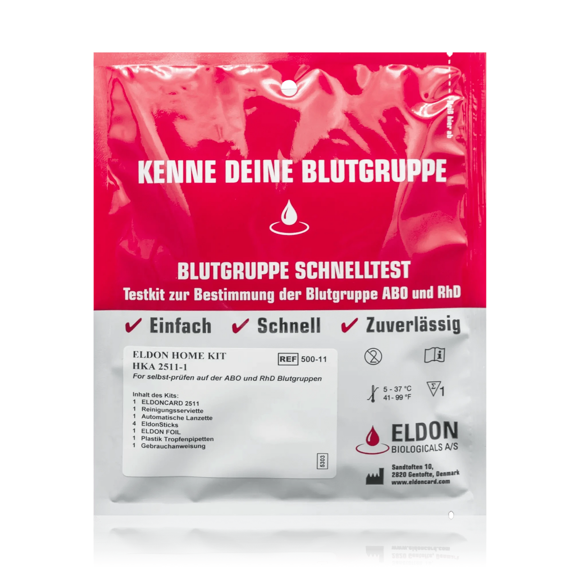 Blutgruppe Schnell­test Eldon HOME KIT HKA 2511 - Testkit zur Bestimmung der Blutgruppe AB0 und RhD (1 Kit) - ROTE.PLACE