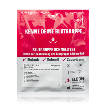 Blutgruppe Schnell­test Eldon HOME KIT HKA 2511 - Testkit zur Bestimmung der Blutgruppe AB0 und RhD (1 Kit) - ROTE.PLACE