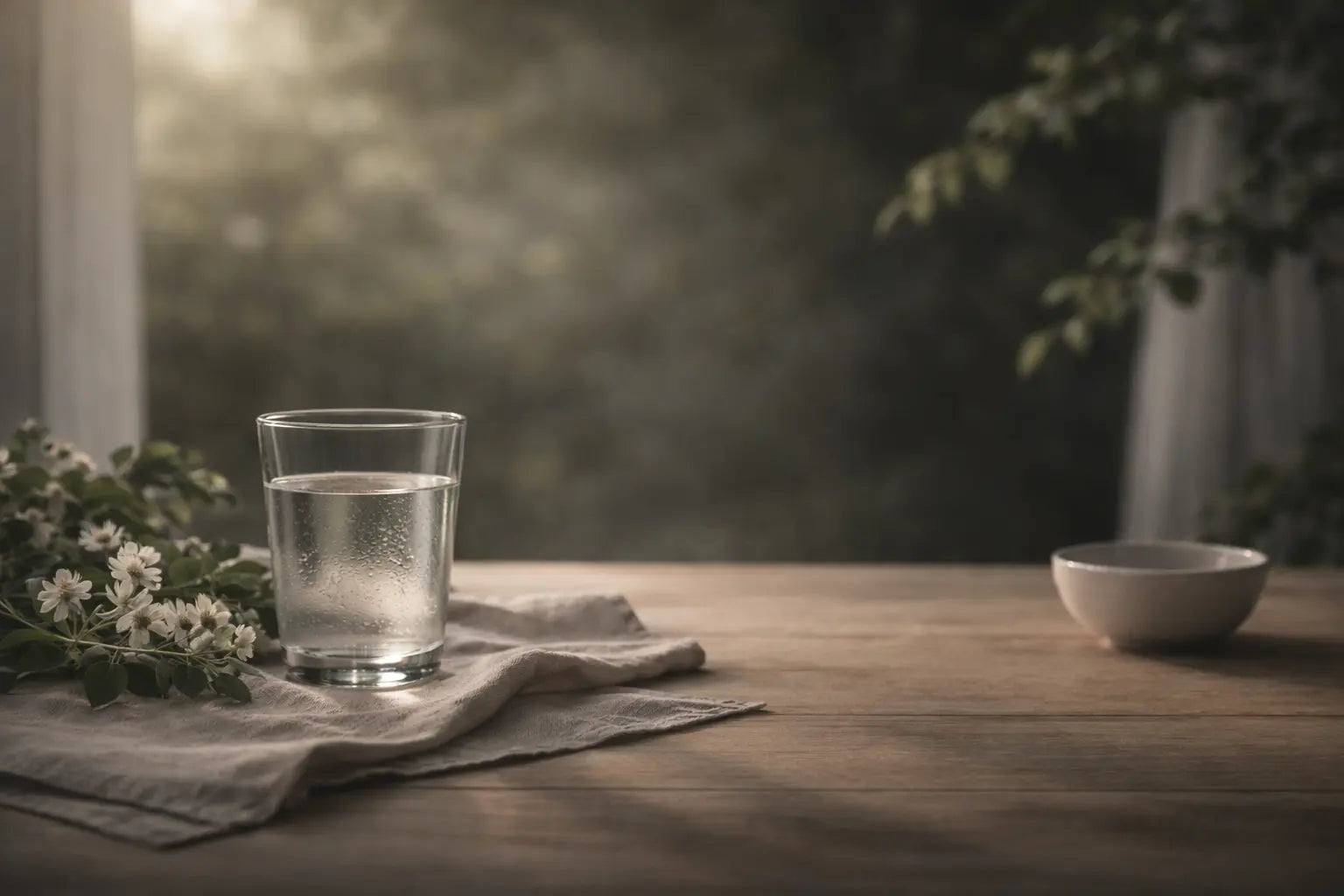 Tisch am Fenster bei Dämmerung mit einem Glas Wasser und einer Blume