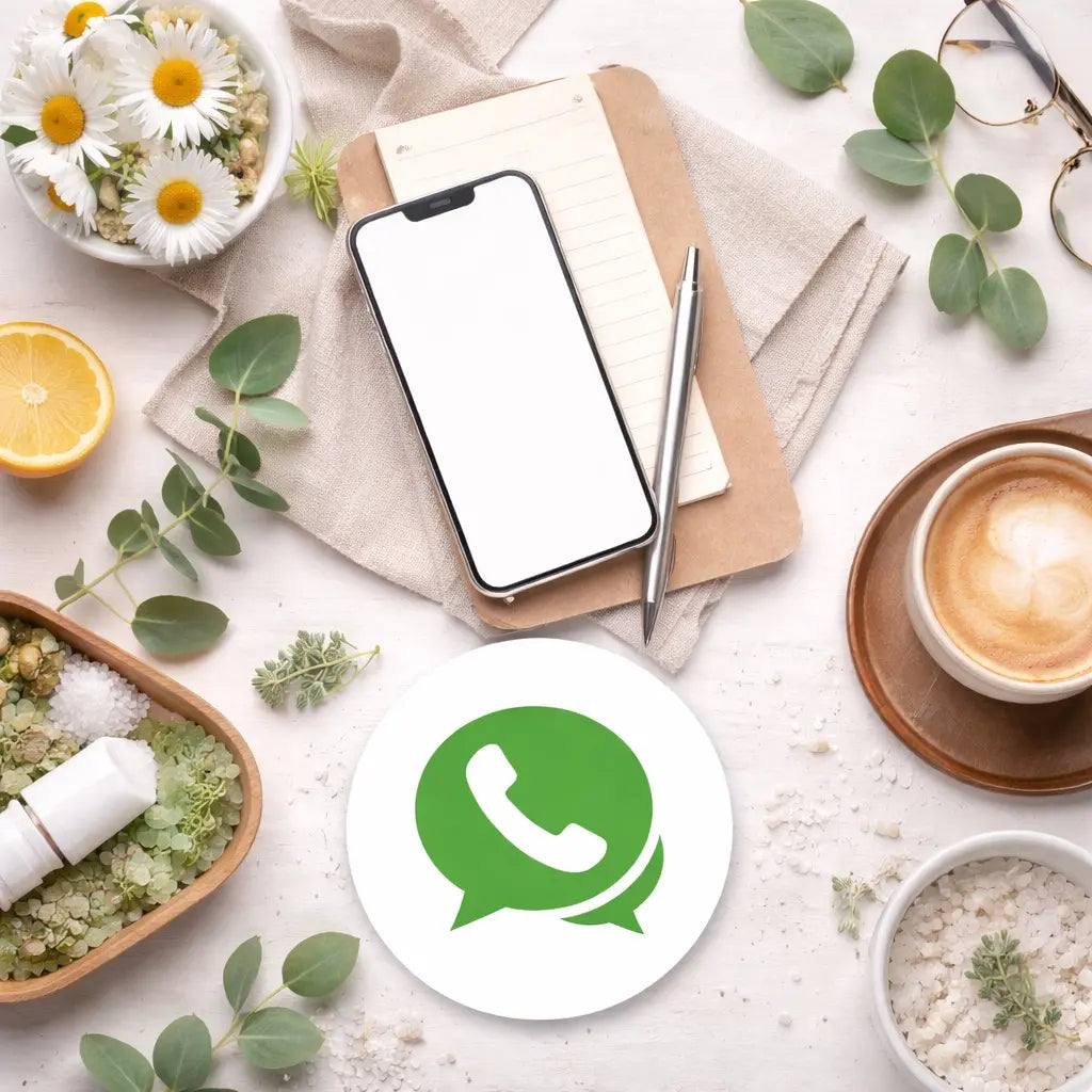 Draufsicht eines Tisches mit einem Handy, Kaffee und einem WhatsApp Icon